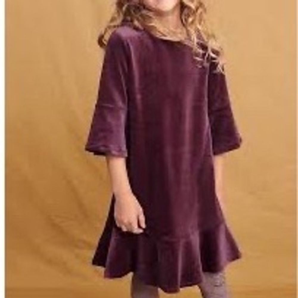 Garnet Hill Kids Madeline Velour Dress Burgundy Velvet Bell Sleeve Size 8 Cotton